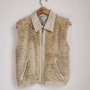 Lisa International Beige Faux Fur Zip Vest with Leather Trim